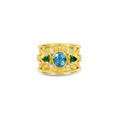 Blue Zircon and Tsavorite Ring With Diamonds