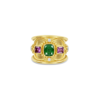 Tsavorite, Pink Spinel 22KT Band Ring With Diamonds